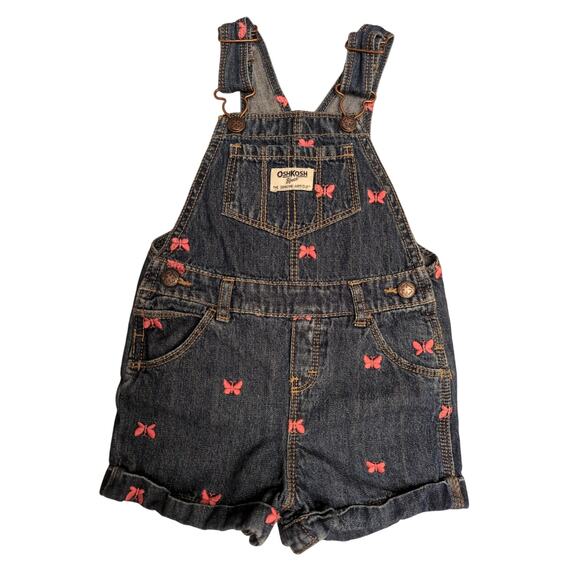 OshKosh B'gosh Rolled Embroidered Butterfly Denim Shortall 24 Months 100% Cotton - Picture 1 of 7